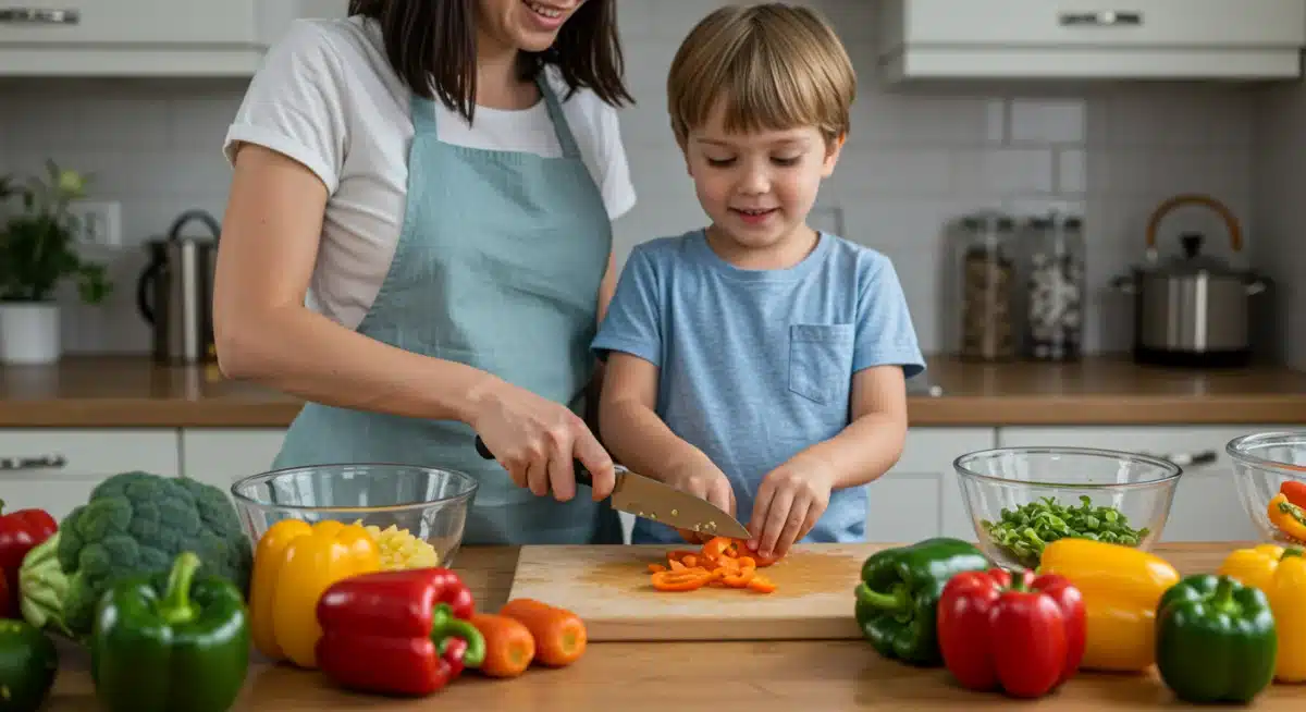Parent and child mindfully preparing vegetables together