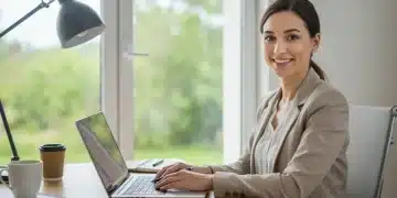 Professional woman balancing work and personal life in a modern home office setting.