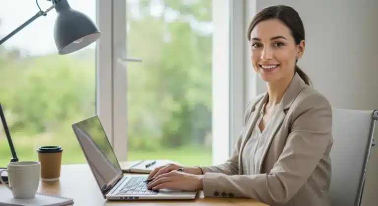 Professional woman balancing work and personal life in a modern home office setting.