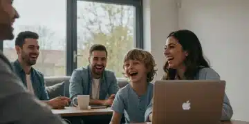 Happy family with parent remotely working in background