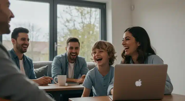 Happy family with parent remotely working in background