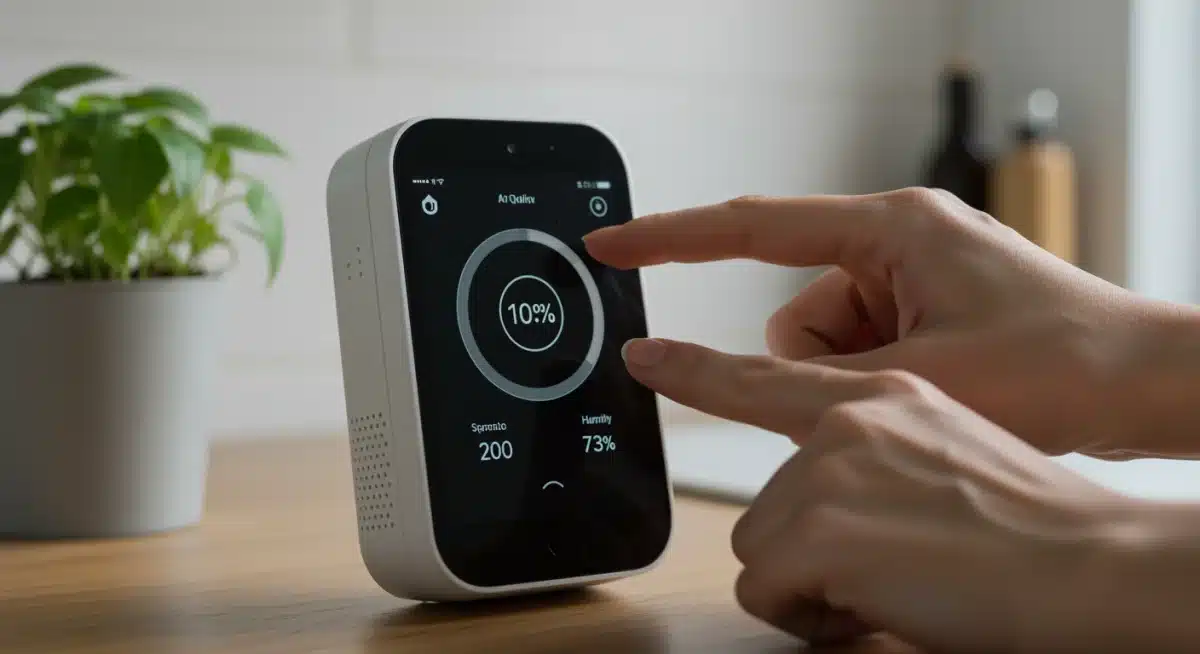 Hand adjusting smart air quality monitor in a modern kitchen