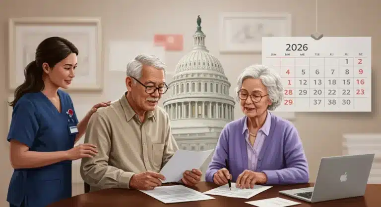 Caregivers reviewing 2026 Medicare documents with seniors, signifying important healthcare changes.