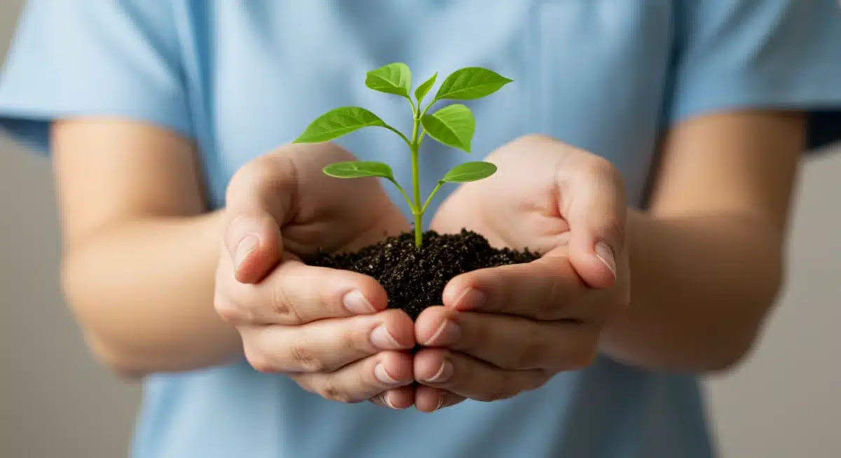 Caregiver's hands holding small green plant for grounding