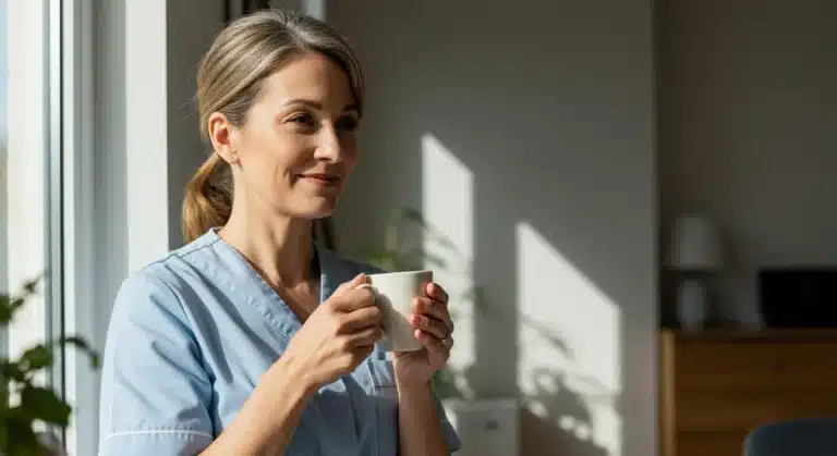 Caregiver finding peace in mindful morning routine