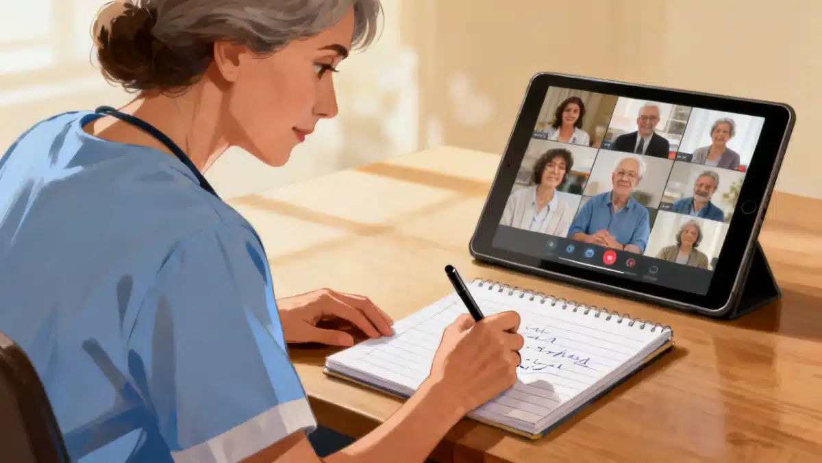 Caregiver participating in online support group, learning sleep strategies.