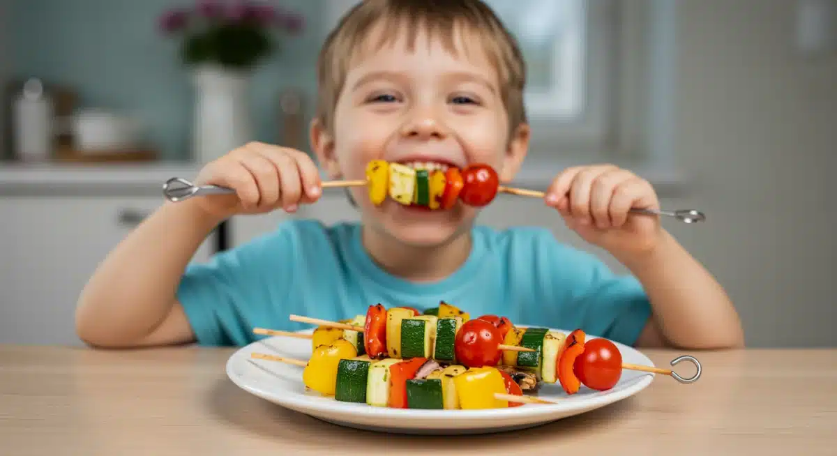 Child enjoying colorful grilled vegetable skewers