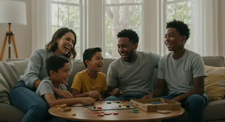 Happy family playing board game, enjoying quality time without screens