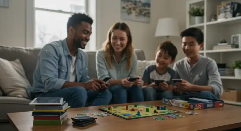 Family enjoying board game during digital detox 2025