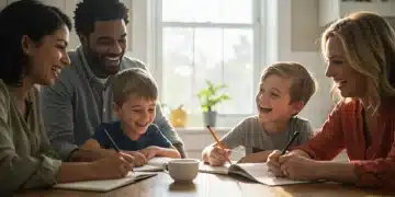 Happy family writing in a gratitude journal at a sunlit kitchen table, symbolizing family resilience and connection.