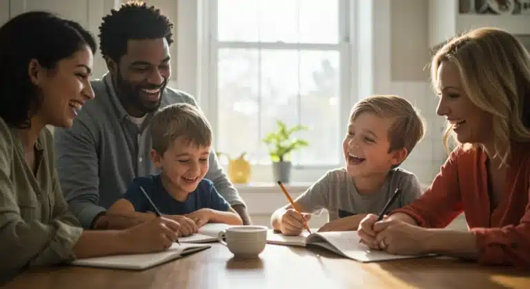 Happy family writing in a gratitude journal at a sunlit kitchen table, symbolizing family resilience and connection.