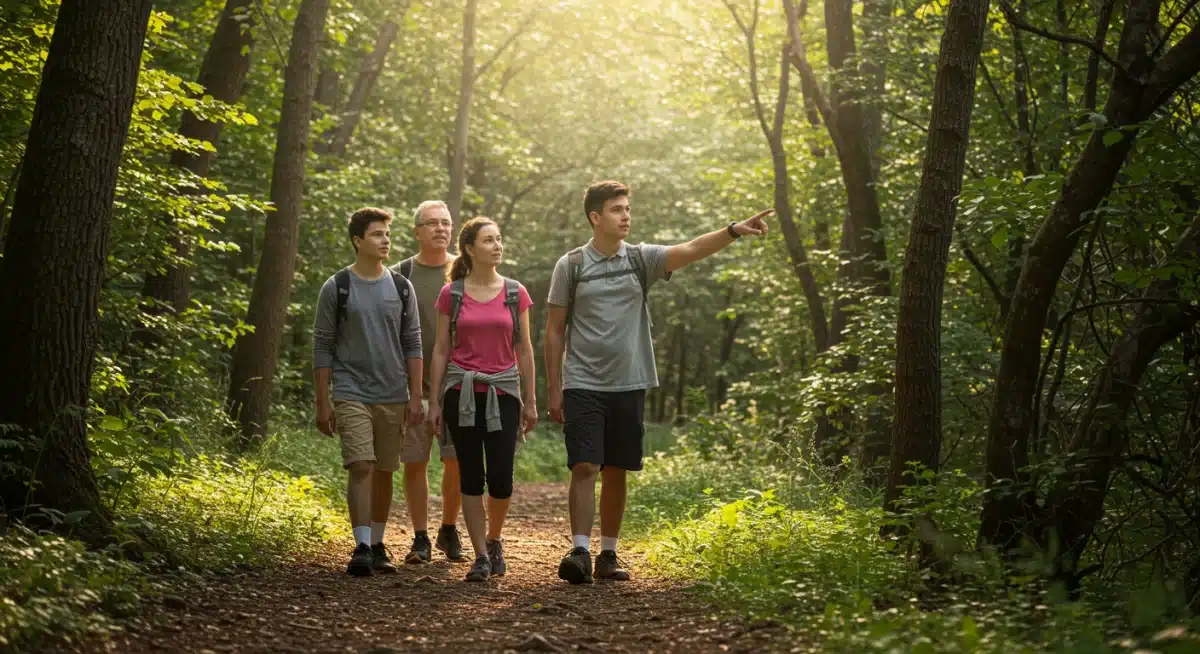 Family hiking in nature, enjoying a screen-free outdoor activity