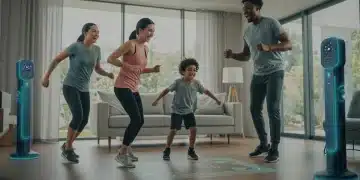 Diverse family engaging in interactive fitness game at home in 2026