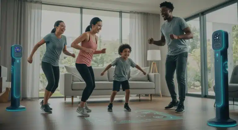 Diverse family engaging in interactive fitness game at home in 2026