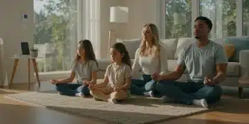 Diverse U.S. family meditating peacefully in a sunlit living room, symbolizing modern stress relief.