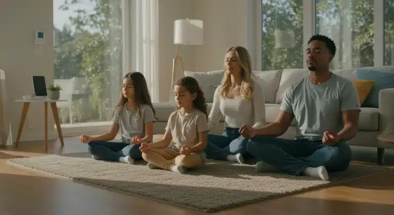 Diverse U.S. family meditating peacefully in a sunlit living room, symbolizing modern stress relief.