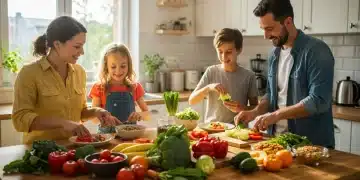 Family preparing a vibrant plant-based meal, boosting immunity