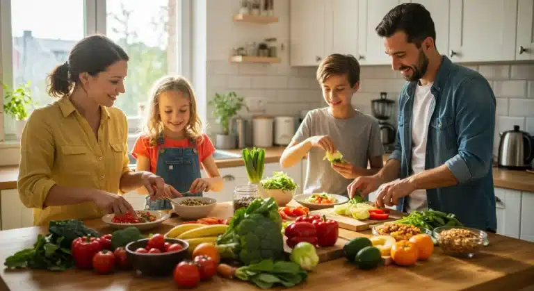 Family preparing a vibrant plant-based meal, boosting immunity