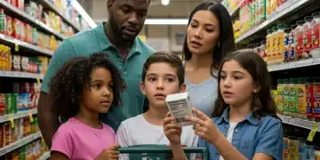Family reading 2026 U.S. nutrition label in grocery store