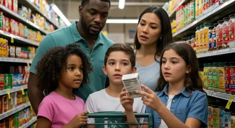Family reading 2026 U.S. nutrition label in grocery store