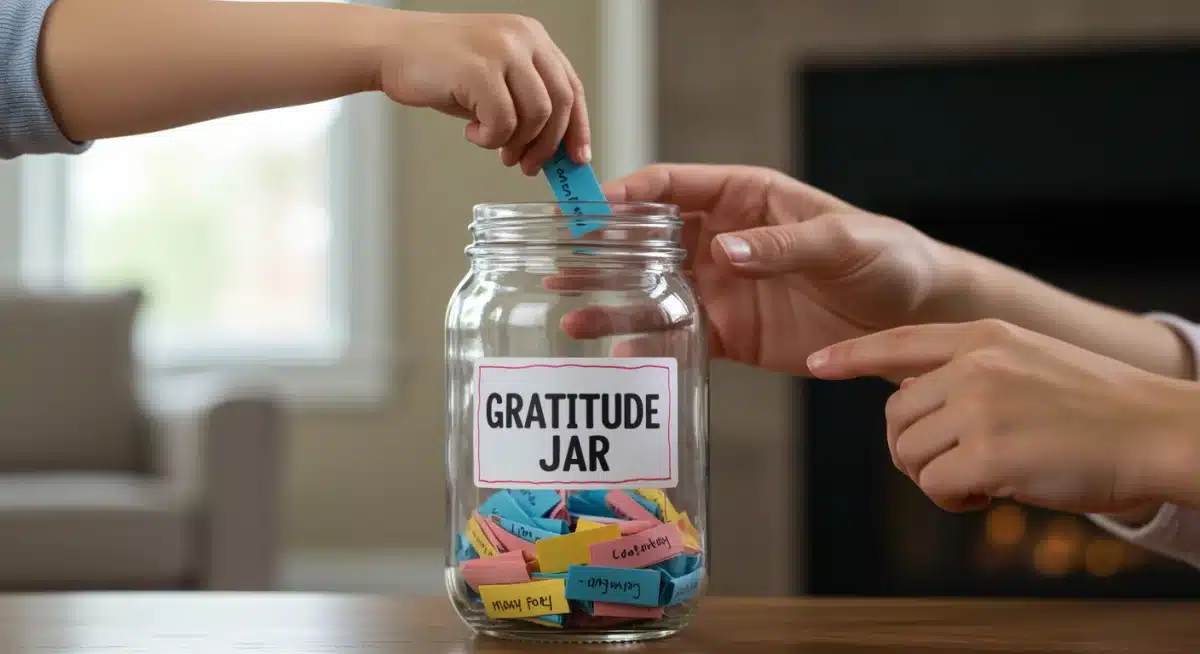 Family gratitude jar filled with colorful notes, illustrating a simple and effective gratitude practice.