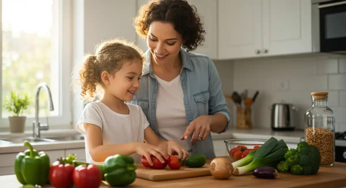 Parent and child preparing healthy meal with fresh ingredients