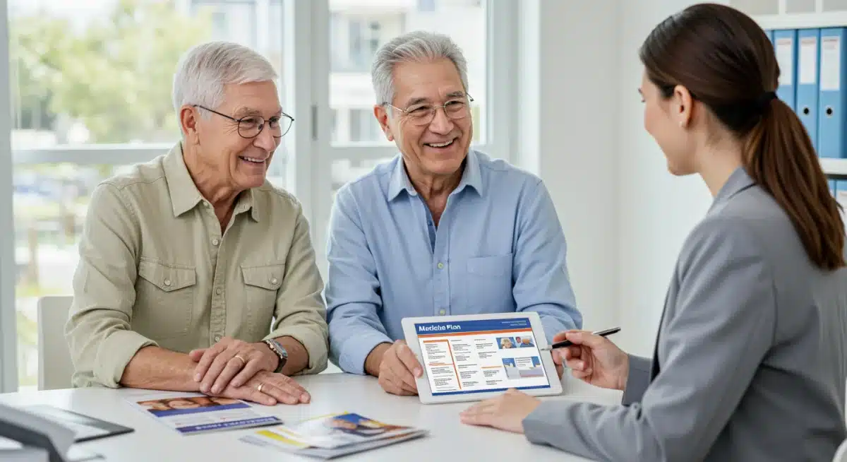 Senior couple consulting with a Medicare advisor about their 2026 plan options.