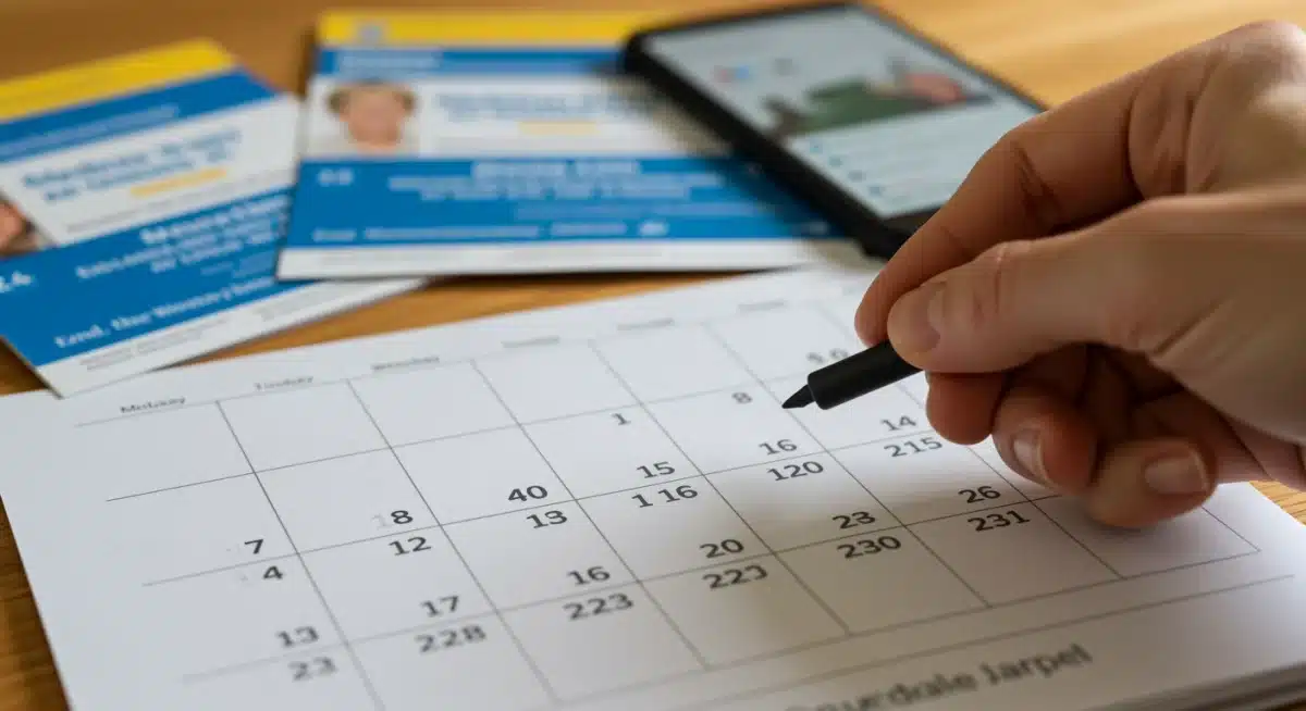 Hand highlighting 2026 Medicare enrollment deadlines on a calendar.