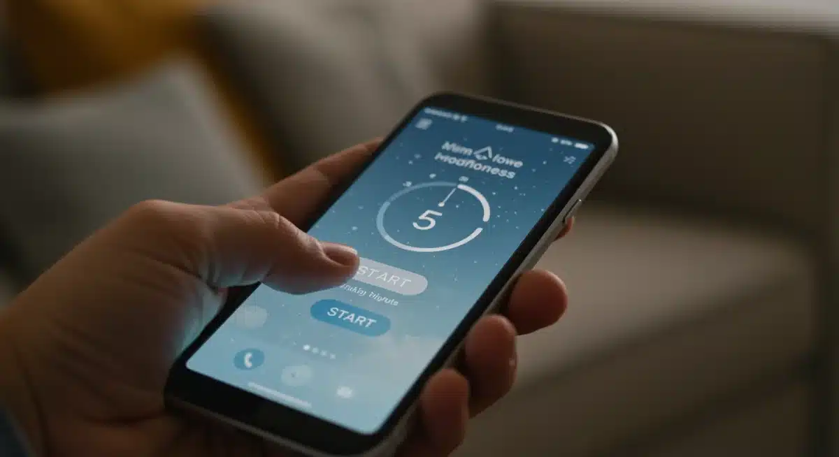 Smartphone displaying a 5-minute meditation app, highlighting accessibility and modern convenience.