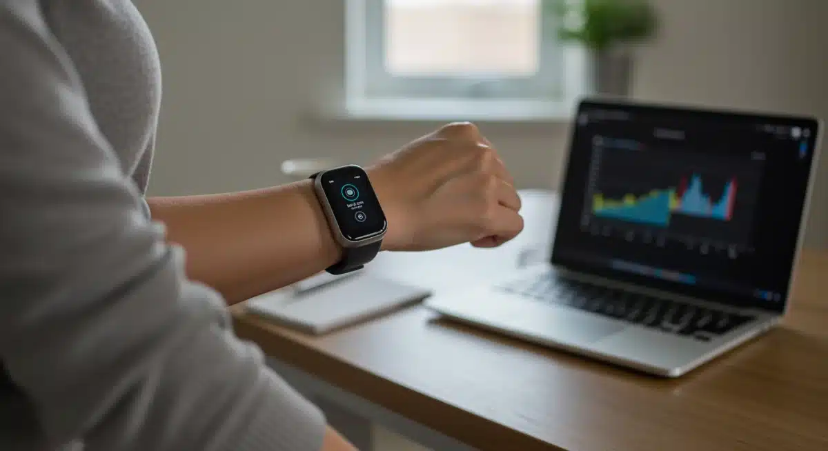 Busy parent doing micro-workout with smart wearable device