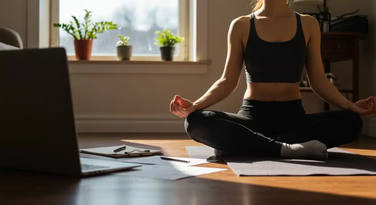 Individual practicing mindfulness in a home office, highlighting mental well-being and flexible work.