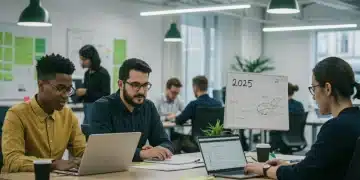 Professionals working collaboratively in a modern office, symbolizing future work-life balance.