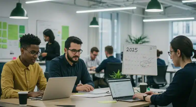Professionals working collaboratively in a modern office, symbolizing future work-life balance.