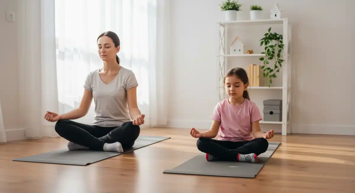 Parent and child engaging in a breathing exercise, promoting shared mindfulness and connection.