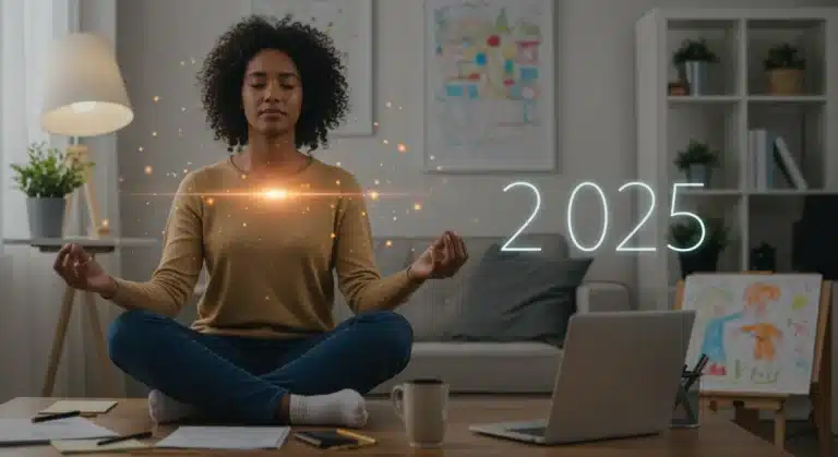Working parent practicing mindfulness to prevent burnout in 2025