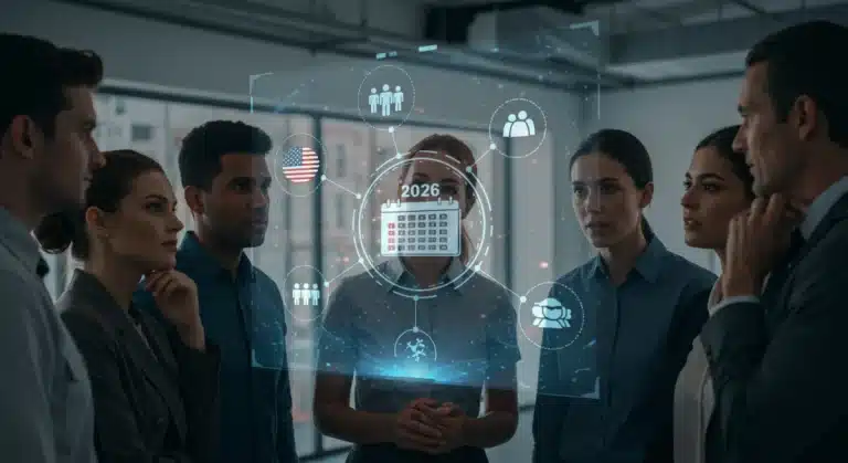 Professionals analyzing new 2026 US policies on work-life integration