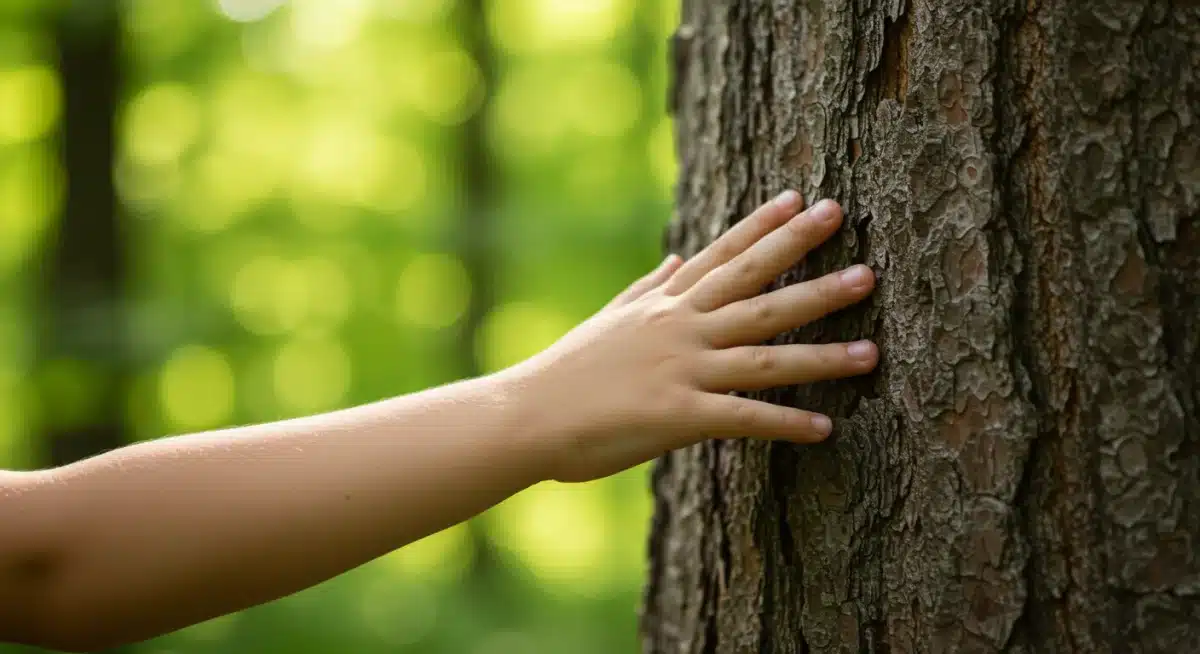 Child's hand exploring tree bark, highlighting sensory connection to nature.