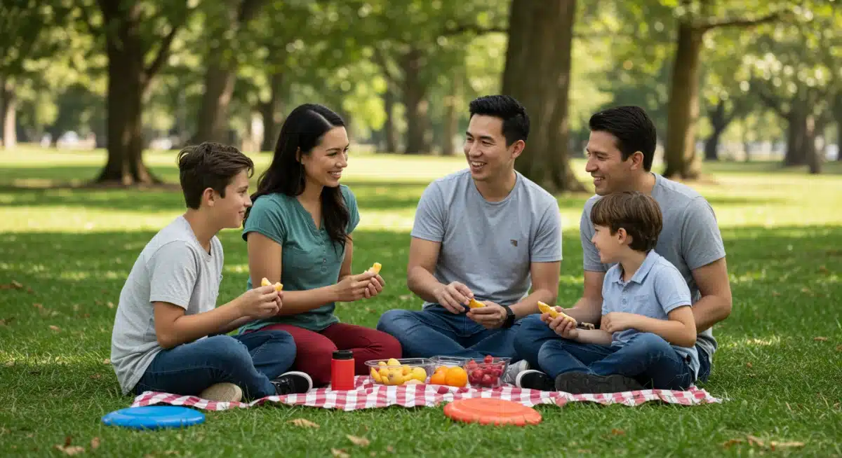 Family enjoying a picnic in a park, promoting shared outdoor experiences and well-being.