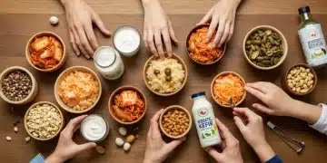 Family enjoying a table filled with probiotic-rich foods like yogurt, kefir, and fermented vegetables.