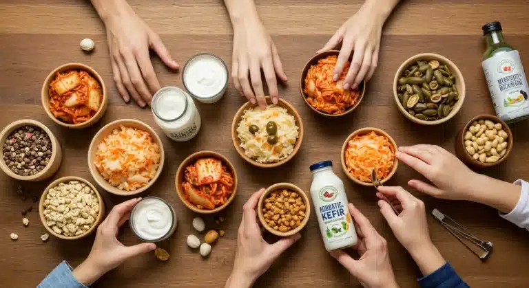 Family enjoying a table filled with probiotic-rich foods like yogurt, kefir, and fermented vegetables.