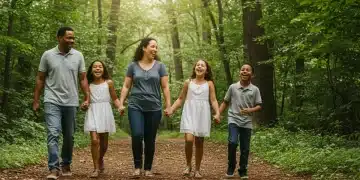 Happy family enjoying a nature walk on a forest trail, promoting outdoor family wellness.