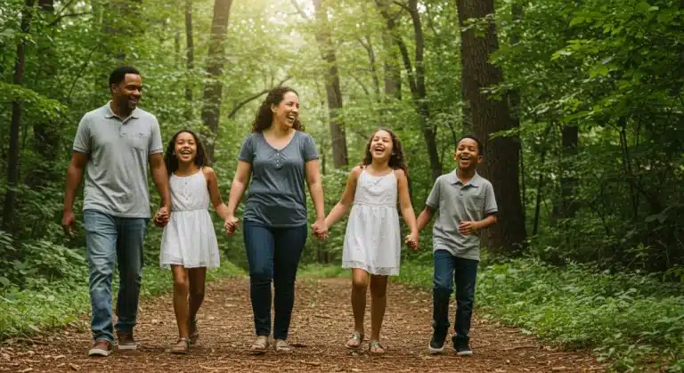 Happy family enjoying a nature walk on a forest trail, promoting outdoor family wellness.