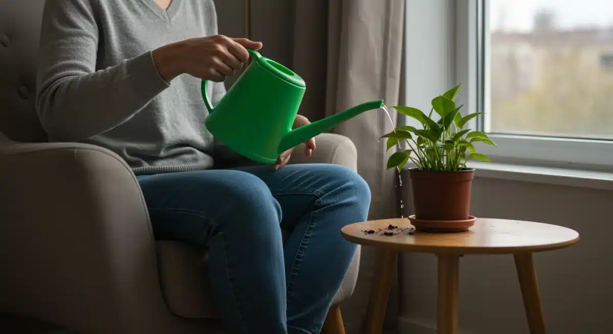 Person mindfully caring for an indoor plant, connecting with nature at home.