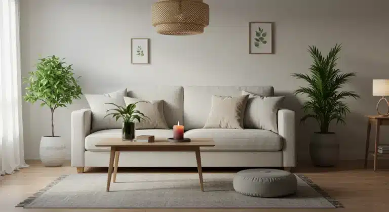 Serene living room with minimalist decor and natural light, promoting a mindful home environment.