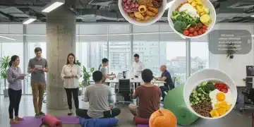 Professionals achieving work-life balance in a modern US office environment with well-being elements