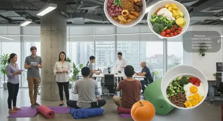 Professionals achieving work-life balance in a modern US office environment with well-being elements