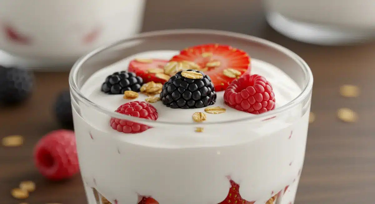 Delicious plain yogurt topped with fresh berries and granola, a healthy probiotic snack.