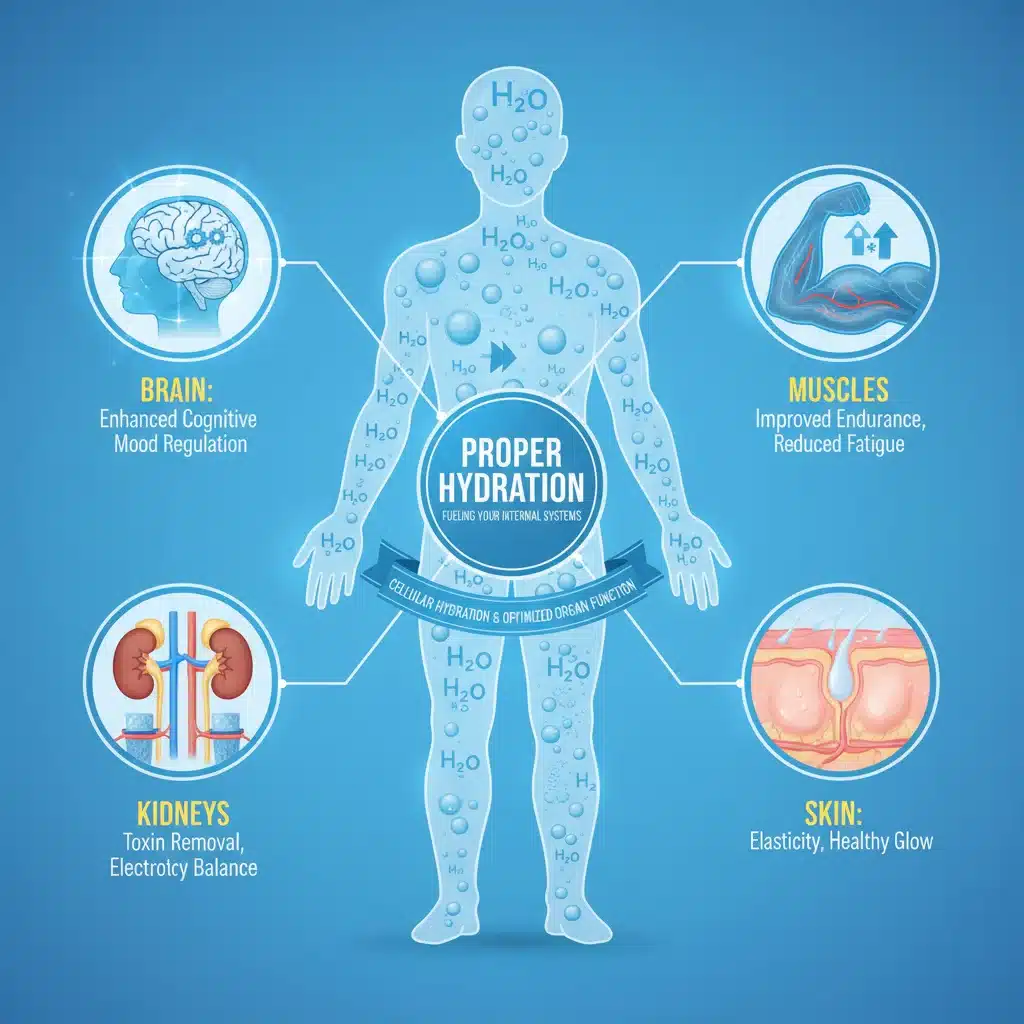 Infographic showing hydrated body systems: brain, muscles, kidneys, and skin.