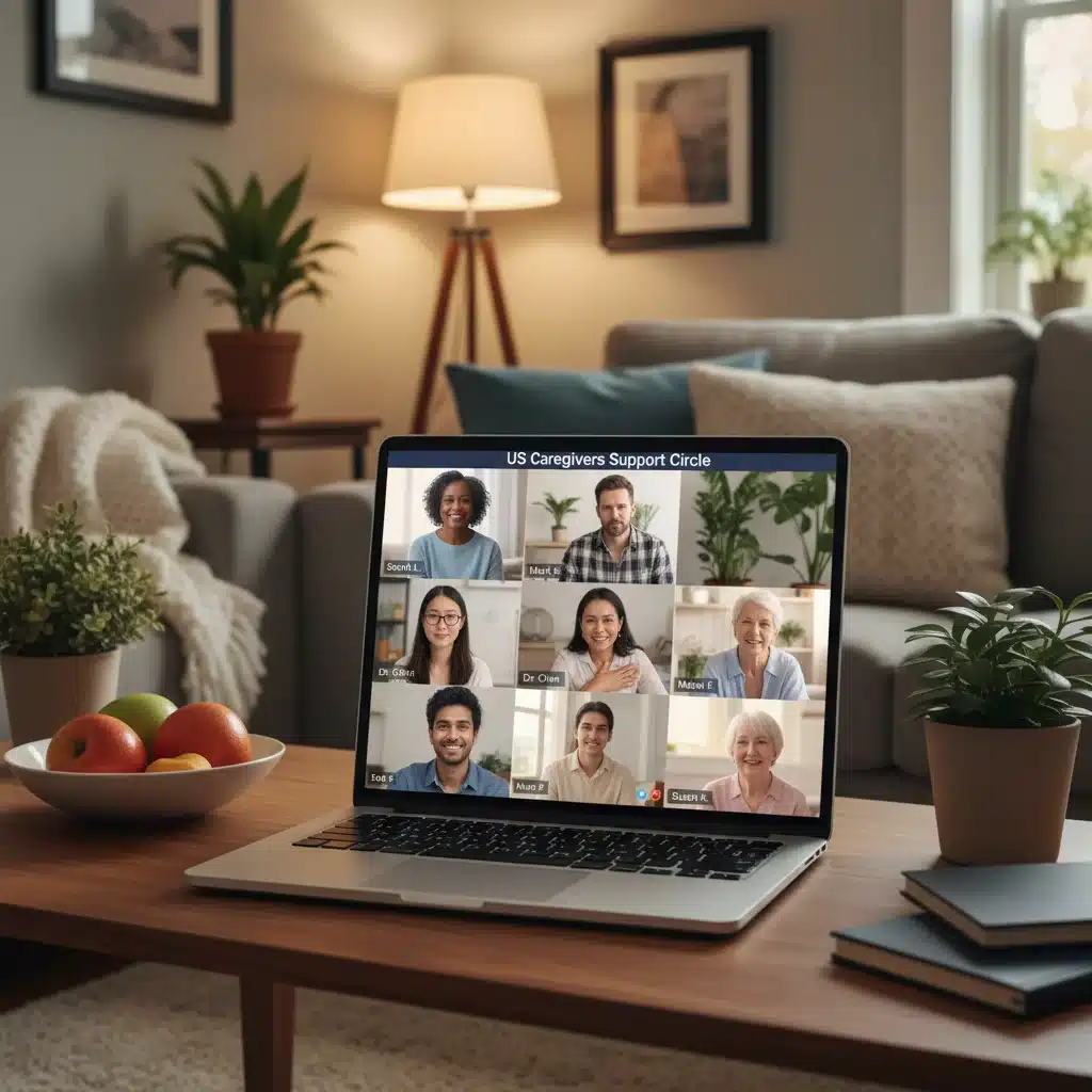 Diverse US caregivers connecting in a supportive online video call group.