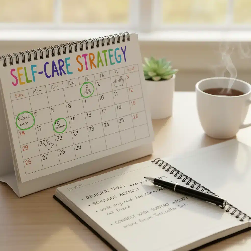 Caregiver planning self-care and delegating tasks on a calendar and notebook.